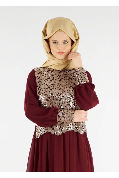 TRENDTESETTÜR Women's Burgundy T 48525 Fy Collection-flake Embroidered Evening Dress