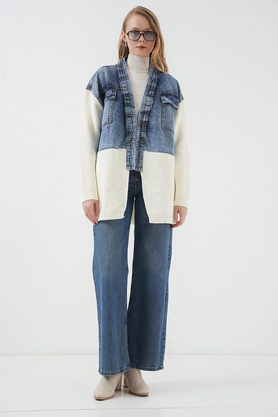 Bigdart 15919 Lange Strick-Jeansjacke – Weiß