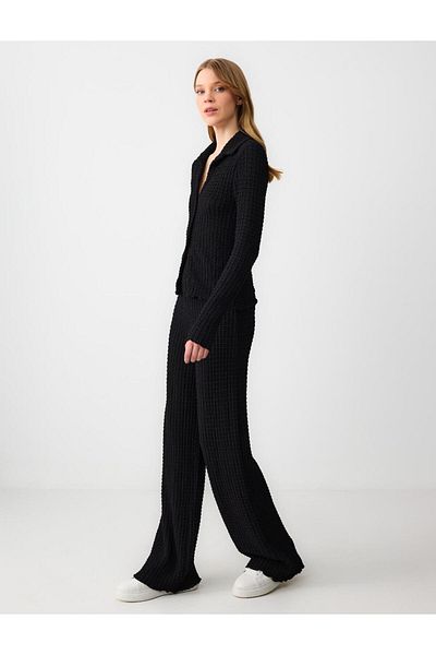 Jimmy Key Black Relaxed Cut High Waist Loose Wide Leg Textured Knitted Trousers