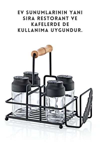 GRİMOR Life 4-Piece Double Lid Glass Restaurant Cafe Seasoning Rack Set with Metal Stand, Napkin Holder, Wet Wipes Compartment