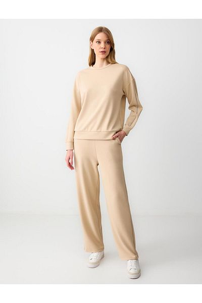 Jimmy Key Beige High Waist Wide Leg Relaxed Fit Knitted Modal Trousers