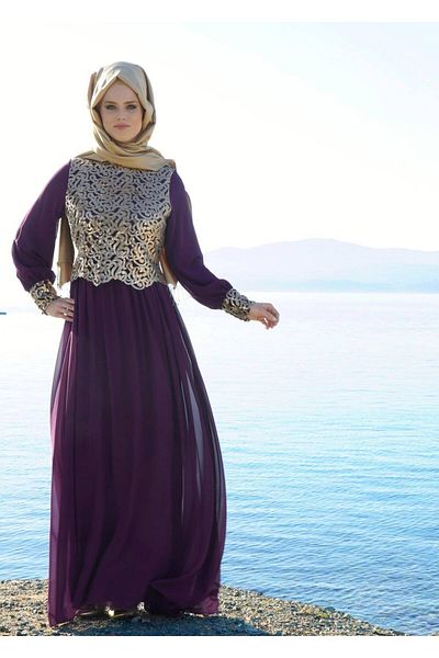 TRENDTESETTÜR Women's Purple T 48525 Fy Collection-flake Embroidered Evening Dress