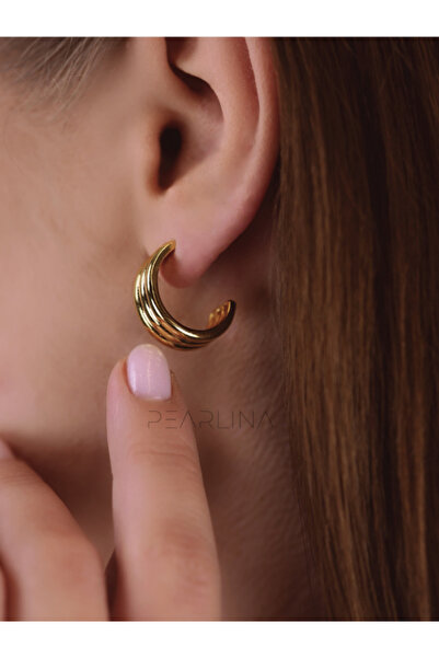 Pearlina 3 Sıra Görünümlü Halka Gold Küpe