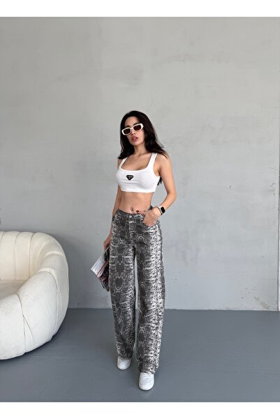 alanora Kadın Yılan Desen Yüksek Bel Likralı Wide Leg Pantolon