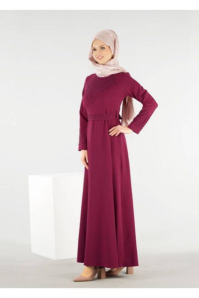 TRENDTESETTÜR Women's Burgundy T 4773 Funda-bead Embroidered Dress