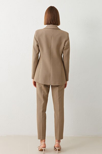 Setre Vizon Ekose Desenli Tek Düğmeli Ceket Geniş Kalıp Pantolonlu Takım