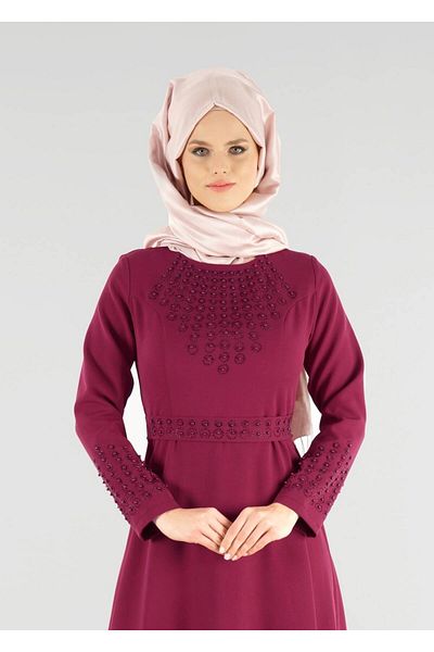 TRENDTESETTÜR Women's Burgundy T 4773 Funda-bead Embroidered Dress
