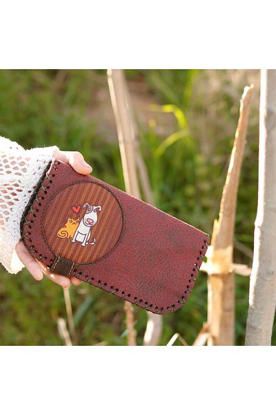 HOODİEMOUSE Large Wallet with Cat and Dog Figures Ethnic Bohemian Retro Vintage Style - Bordo