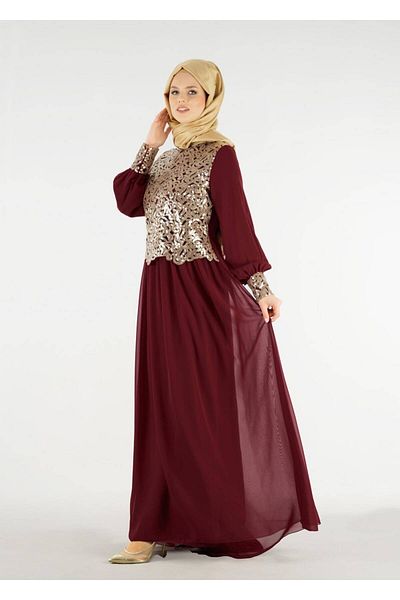 TRENDTESETTÜR Women's Burgundy T 48525 Fy Collection-flake Embroidered Evening Dress