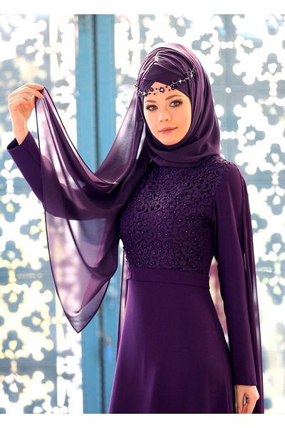 TRENDTESETTÜR Women's Purple High Collar Shoulder Chiffon Detailed Evening Dress 4662