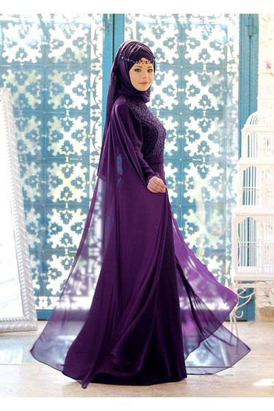 TRENDTESETTÜR Women's Purple High Collar Shoulder Chiffon Detailed Evening Dress 4662