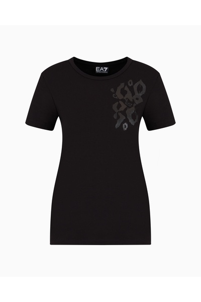 EA7 Μαύρο μοτίβο κεντημένο βαμβακερό κοντομάνικο μπλουζάκι - 7W000133 AF10373-UC001