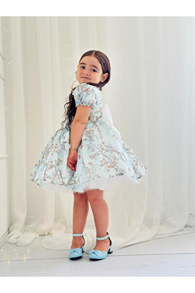 Linarookids Mavi Çiçekli Vintage Kız Bebek Elbisesi,Doğum günü,fotoğraf çekim elbise,0-12 Yaş Uygun