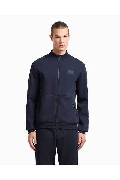 EA7 Men's Navy Blue Sweatshirt - Cotton, Zip-Up, Stand Collar, Long Sleeve 7m00009
