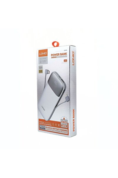 LDNIO باور بانك 10000 مللي أمبير. 22.5 واط / شاشة رقمية LED / مع كابل سحب - Lightning & Type-C PQ19