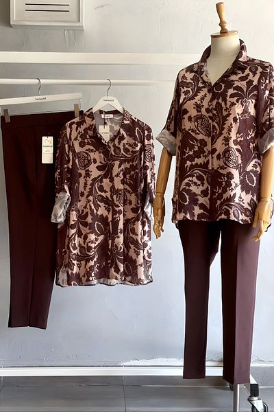 Hanezza Elegant & Romantic "Vienna Garden" Patterned |   Large Size Flocked Satin Tunic-Shirt