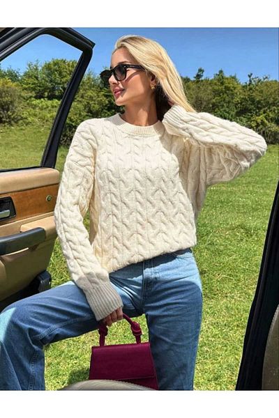 yeditepe fashion Ecru Color - Crew Neck Oversize Hair Knit Knitwear Sweater