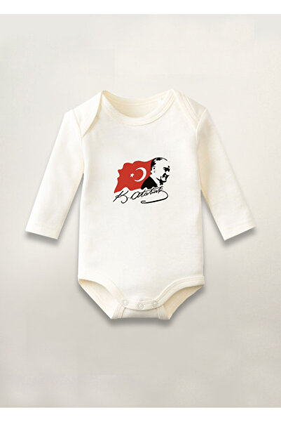 Genel Markalar Türk Bayrağı Atatürk Baskılı Pamuklu Uzun Kollu Çıtçıtlı Bebek Body Zıbın Atlet Tulum