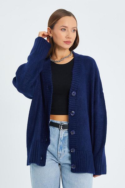 Mixray 6927 Women's Soft Textured Loose Basic Knitwear Cardigan Navy Blue