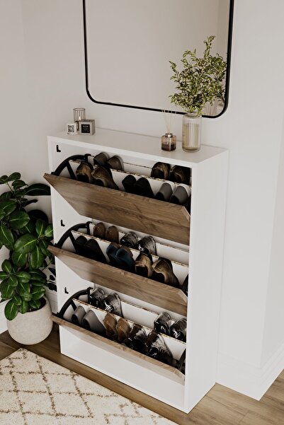 DEWOODY Düşer Kapak 3 Bölmeli Duvara Montajlanabilir Ayakkabılık