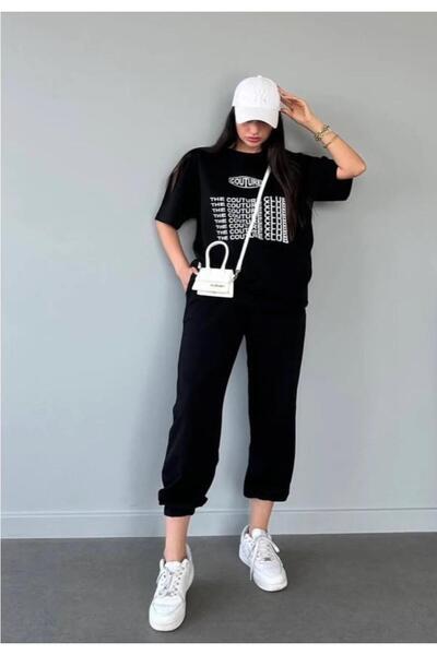 caddekombin Γυναικείο σετ φόρμας με στάμπα μαύρου χρώματος Couture - Άνετη εφ...