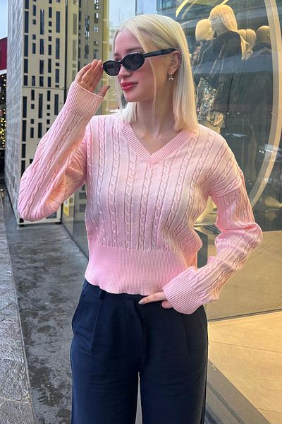 Madmext Pulover de damă tricotat cu decolteu în V roz MG2258