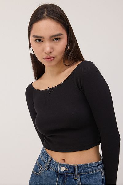 Addax Boat Neck Long Sleeve Crop Blouse B1698-S5