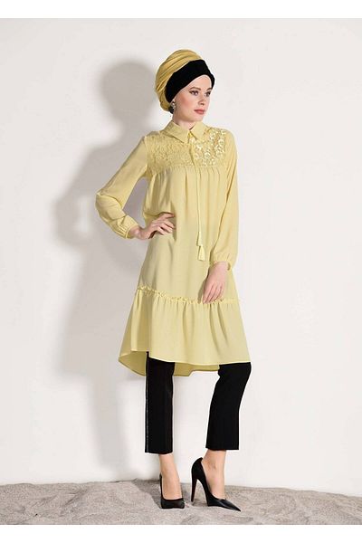 TRENDTESETTÜR Women's Yellow Guipure Detailed Tunic - 8278