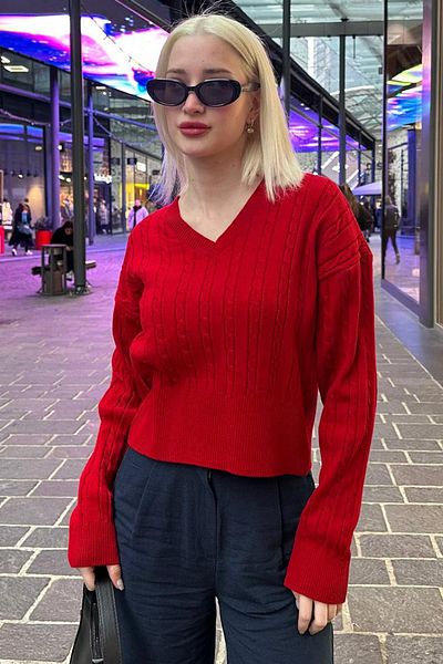 Madmext Red V-Neck Braided Knitwear Women's Sweater Mg2258