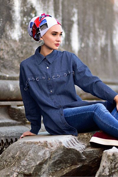 TRENDTESETTÜR Navy Blue Indigo Denim Tunic - Eyelet Detail, Model 7001