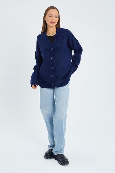 Mixray 6927 Women's Soft Textured Loose Basic Knitwear Cardigan Navy Blue