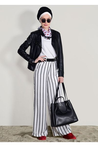 TRENDTESETTÜR Women's Black Striped Belted Trousers 0796