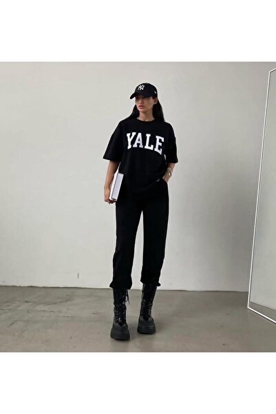 caddekombin Yale Printed Black Women's T-Shirt and Jogger Tracksuit Set - Com...