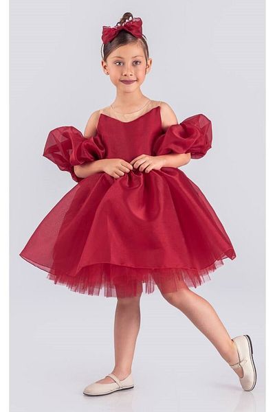 ABİYEKİDS Red Balloon Sleeve Style Evening Dress - Girl's Aby158