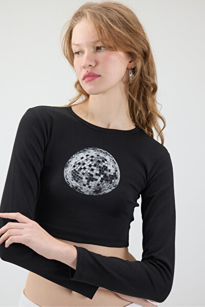 Addax Disco Ball Printed Crop Μπλούζα B1641-s5