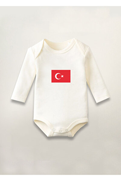 Genel Markalar Türkiye Türk Bayrağı Baskılı Pamuklu Uzun Kollu Çıtçıtlı Bebek Body Zıbın Atlet Tulum