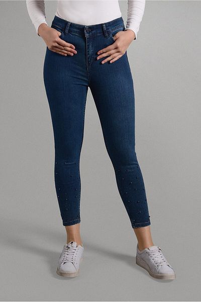 TRENDTESETTÜR Women's Navy Blue (Indigo) Pearl Detailed Denim Trousers 8309