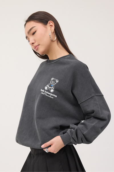 Addax Ayı Baskılı Soluk Efektli Sweatshirt S10364-DK10