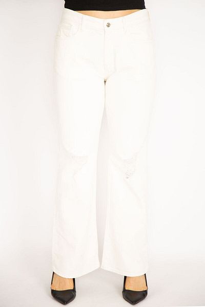 Şans Women's Large Size Bone Relaxed Cut Ripped Detailed Lycra 5 Pocket Jeans 65n35267