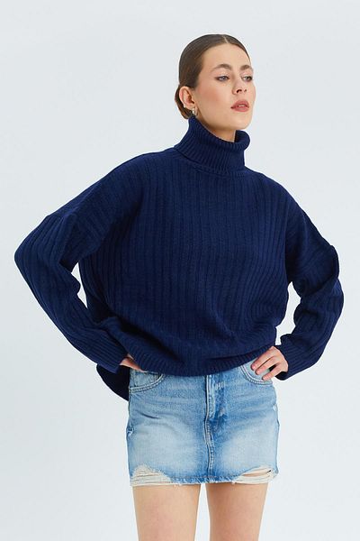 Mixray 6928 Model Ribbed Navy Blue Turtleneck Women's Knitwear Sweater