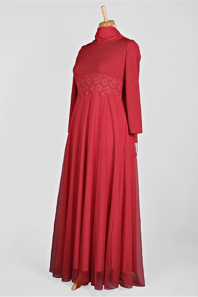 TRENDTESETTÜR Red Guipure Detailed Women's Evening Dress - 84083