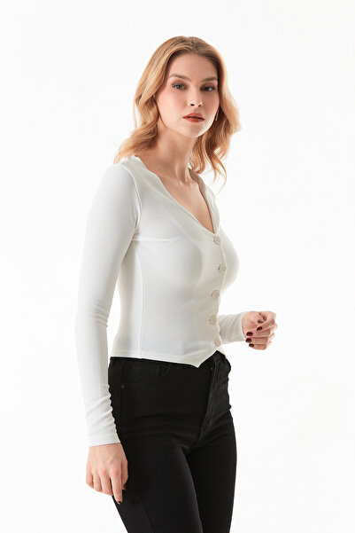 Fulla Moda Buttoned V-Neck Corded Cardigan