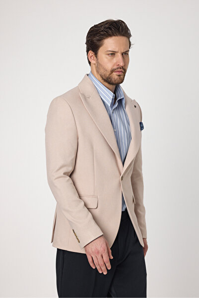 Frappoli Classo Men's Cream Slim Fit Pointed Collar Self Pattern Blazer Jacket