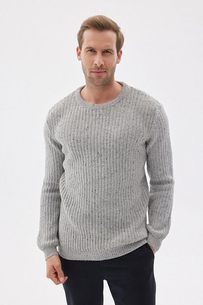 odelon Men's Grey Melange Knitwear Sweater with Regular Fit Crew Neck Thessaloniki Knit Wool