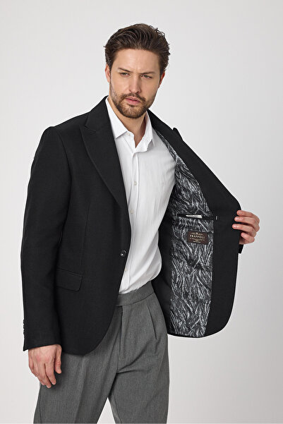 Frappoli Classo Erkek Siyah Slim Fit Sivri Yaka Kendinden Desenli Blazer Ceket