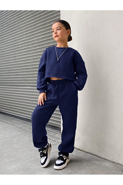 Butik Lacivert Kız Çocuk Eşofman Takımı Uzun Kollu Yuvarlak Yaka Kısa Sweatsh...