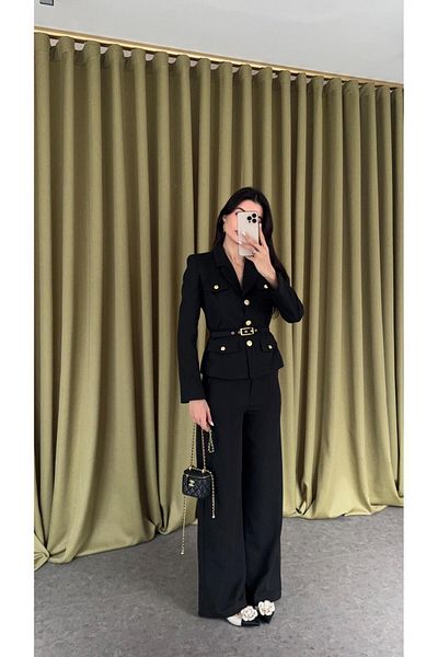HAZELANNA بدلة مزدوجة سوداء فاخرة مع تفاصيل ذهبية