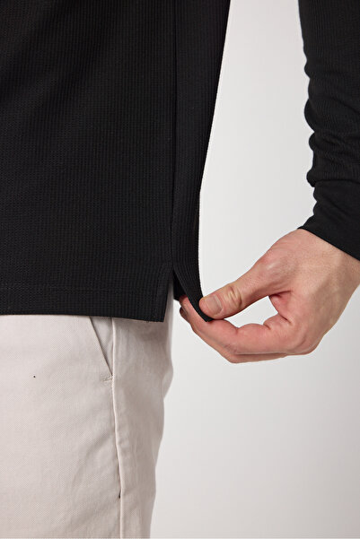 Frappoli Ανδρικό μαύρο Lewin 100% βαμβακερό μπλουζάκι πόλο με μακρυμάνικο πλεκτό ύφασμα που τεντώνει