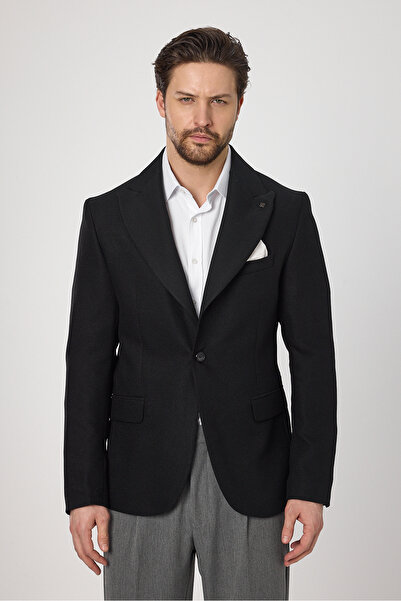 Frappoli Classo Erkek Siyah Slim Fit Sivri Yaka Kendinden Desenli Blazer Ceket