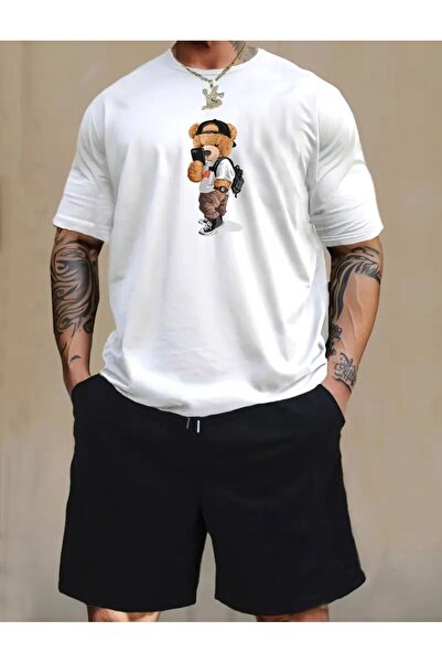 caddekombin تي شيرت رجالي مطبوع عليه قطيفة قصير بأرجل واسعة وقصة مريحة باللون...